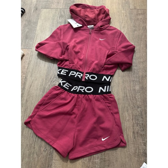 Nike Pro Dri-FIT Crop Hoodie & Shorts Set Girls XS Athletic Activewear - Picture 6 of 8
